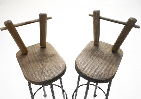 Brutalist Wrought Iron & Oak Bar Stools, 1970s, Set of 2-SES-1413698