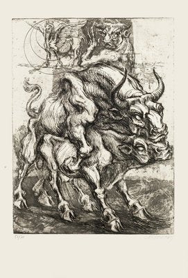 Bulls - Original Etching by M. Chirnoaga - Late 20th Century Late 20th Century-ZCI-757666