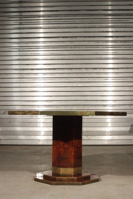 Burl Lacquer and Brass Dining Table by Jean Claude Mahey for Maison Roméo, 1970s-XIJ-575070