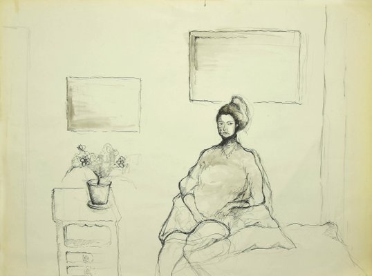 Burt Riley, Girl in a Room, 20th Century, Original China Ink Drawing-ZCI-784121