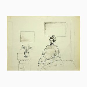 Burt Riley, Girl in a Room, 20th Century, Original China Ink Drawing-ZCI-784121