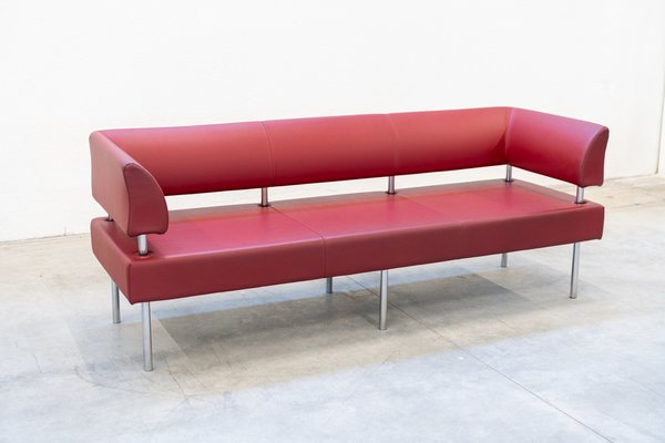 Business Class 3-Seater Sofa in Red Leather with Chromed Iron Feet, 1990s-KNM-1761818