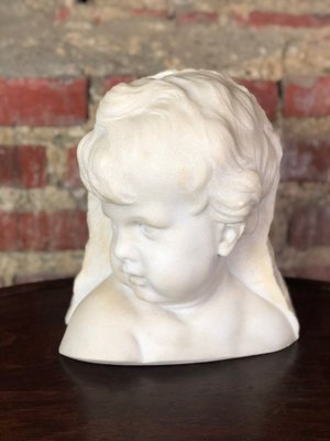 Bust of Putto or Little Girl in White Carrara Marble, 1940s-RWZ-1001845