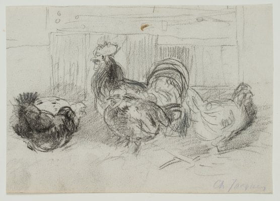 C. Jacque, Study from the Chicken Yard, 19th-Century, Charcoal-OJR-1273443