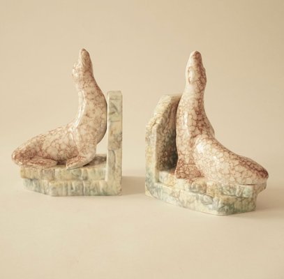 Cabana Style Ceramic Bookends with Seals, 1930s, Set of 2-BAF-763484