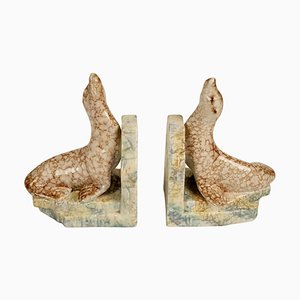 Cabana Style Ceramic Bookends with Seals, 1930s, Set of 2-BAF-763484