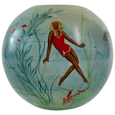 Cabana Style Glass Vase with Hand-Painted Swimming Girls and Corals, 1950s-BAF-763506