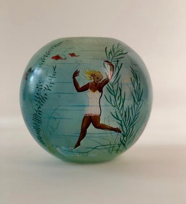 Cabana Style Glass Vase with Hand-Painted Swimming Girls and Corals, 1950s-BAF-763506