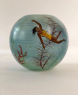 Cabana Style Glass Vase with Hand-Painted Swimming Girls and Corals, 1950s-BAF-763506