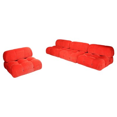 Camaleonda Modular Sofas in Red Velvet attributed to Mario Bellini for B&B Italia / C&B Italia, 1973, Set of 4-TRW-1797121