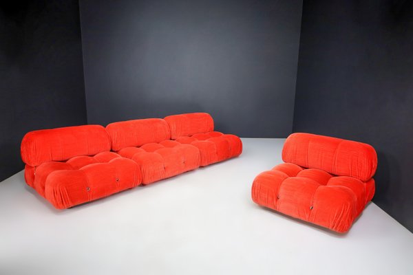 Camaleonda Modular Sofas in Red Velvet attributed to Mario Bellini for B&B Italia / C&B Italia, 1973, Set of 4-TRW-1797121