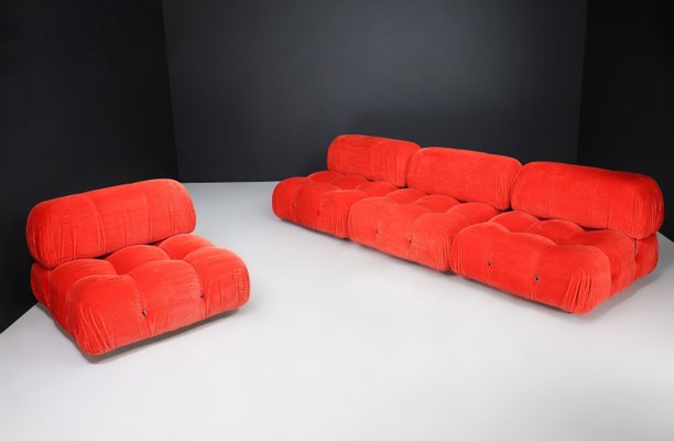 Camaleonda Modular Sofas in Red Velvet attributed to Mario Bellini for B&B Italia / C&B Italia, 1973, Set of 4-TRW-1797121