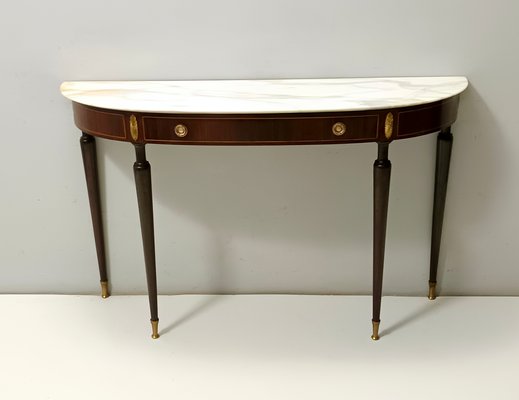 Canaletto Walnut Console with Demilune White Marble Top attributed to Paolo Buffa for La Permanente Mobili Cantù, 1950s-JPQ-2040460