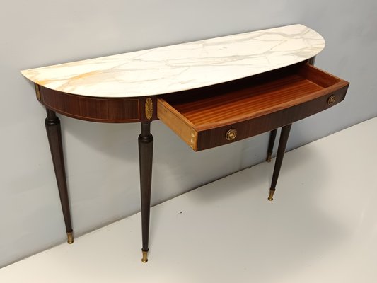 Canaletto Walnut Console with Demilune White Marble Top attributed to Paolo Buffa for La Permanente Mobili Cantù, 1950s-JPQ-2040460