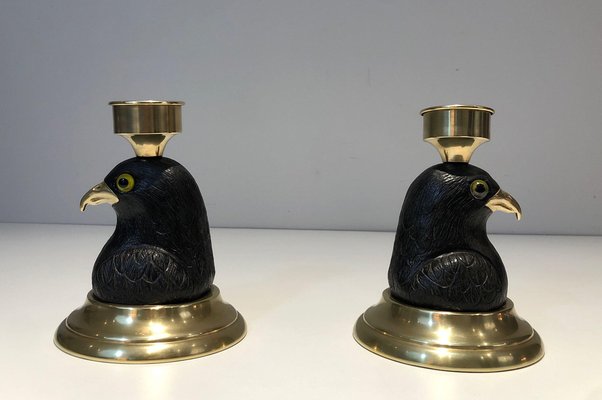 Candlesticks Representing Carved Wooden Eagles with Brass Spikes and Glass Eyes from Houy Pouiga, 1970s, Set of 2-BA-1694749