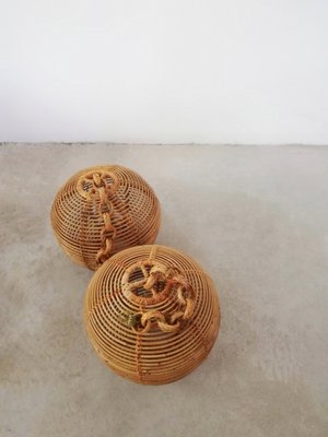 Cane & Rattan Globe Pendant Lights, 1970s, Set of 2-UIW-1317644