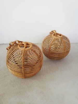 Cane & Rattan Globe Pendant Lights, 1970s, Set of 2-UIW-1317644