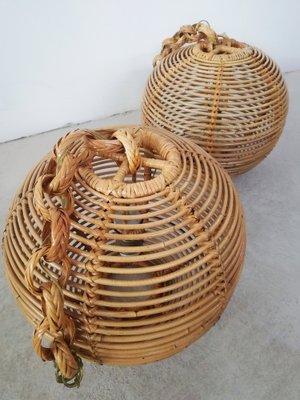 Cane & Rattan Globe Pendant Lights, 1970s, Set of 2-UIW-1317644