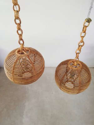 Cane & Rattan Globe Pendant Lights, 1970s, Set of 2-UIW-1317644