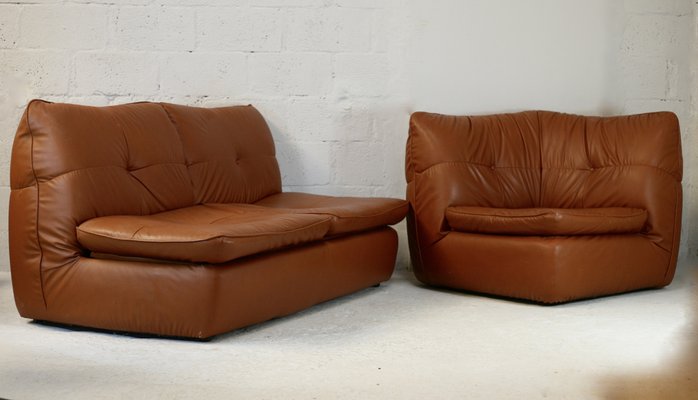 Caramel Faux Leather Convertible Sofa & Corner Chair, France, 1990s, Set of 2-MAO-1313298