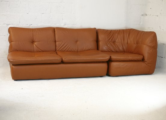 Caramel Faux Leather Convertible Sofa & Corner Chair, France, 1990s, Set of 2-MAO-1313298