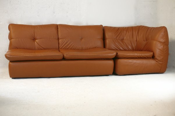 Caramel Faux Leather Convertible Sofa & Corner Chair, France, 1990s, Set of 2-MAO-1313298