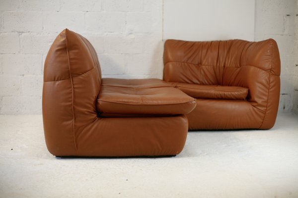 Caramel Faux Leather Convertible Sofa & Corner Chair, France, 1990s, Set of 2-MAO-1313298