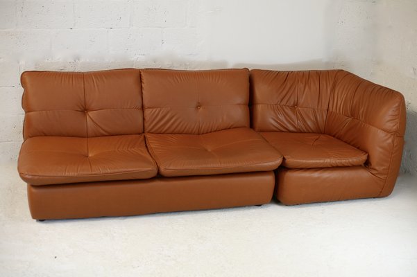 Caramel Faux Leather Convertible Sofa & Corner Chair, France, 1990s, Set of 2-MAO-1313298