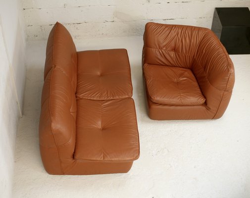 Caramel Faux Leather Convertible Sofa & Corner Chair, France, 1990s, Set of 2-MAO-1313298