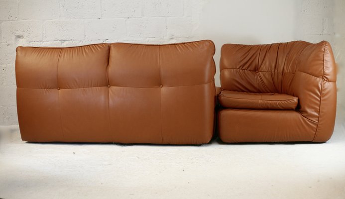 Caramel Faux Leather Convertible Sofa & Corner Chair, France, 1990s, Set of 2-MAO-1313298