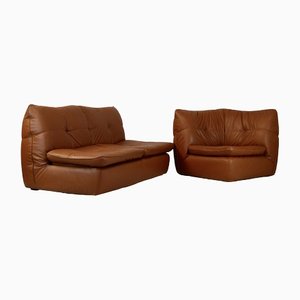 Caramel Faux Leather Convertible Sofa & Corner Chair, France, 1990s, Set of 2-MAO-1313298