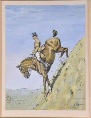 Carl Franz Bauer, Sportman on His Horse, Horse Riding Stunt, 1900, Mixed Media-QOR-2022467