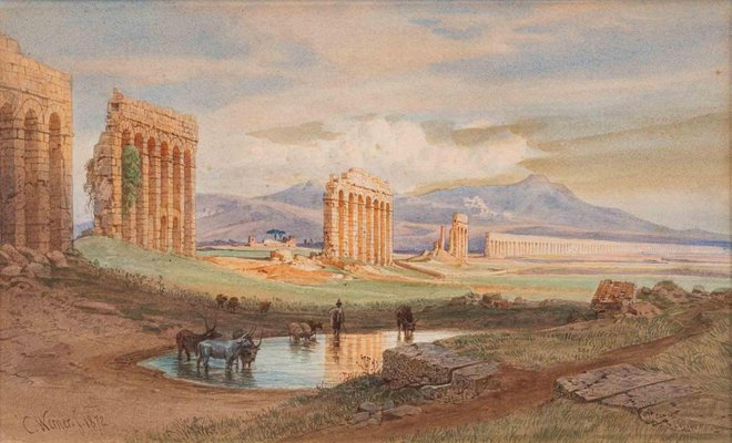 Carl Friedrich Heinrich Werner, Ruins of the Ancient Aqueduct, 1872, Watercolor & Pencil on Paper-ZCI-1379561