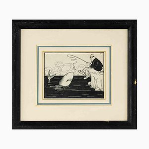 Carlo Rivalta, Fisherman, China Ink Drawing, Early 20th Century, Framed-ZCI-1403362