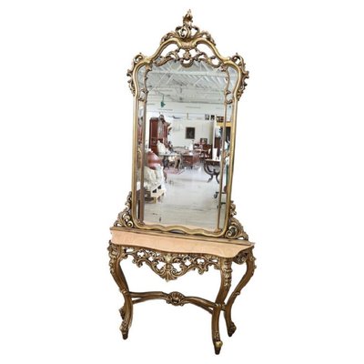 Carved and Gilded Wood Console Table with Mirror, 1930s-DCO-1334649