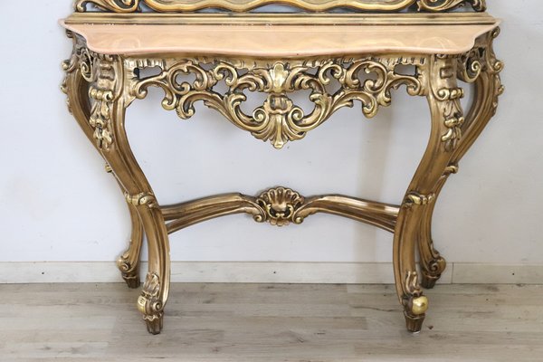 Carved and Gilded Wood Console Table with Mirror, 1930s-DCO-1334649