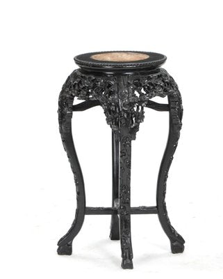 Carved Chinese Ebony Vase Stand with Marble-WMV-1221268