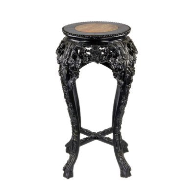 Carved Chinese Ebony Vase Stand with Marble-WMV-1221268