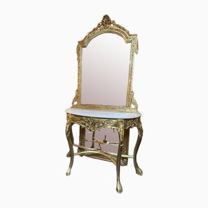 Carved Gilt Wood Marble Top Console Table with Mirror-NSG-1717785