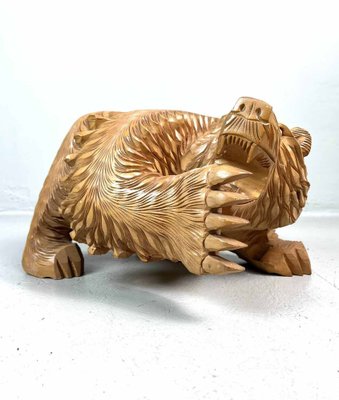 Carved Wood Kibori Kuma Bear on Table Stand, Japan, 1990s-DWL-1413855