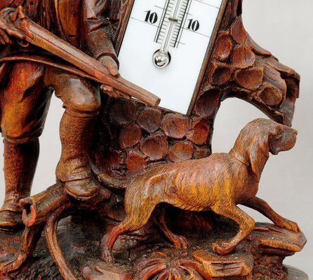 Carved Wood Thermometer Stand Hunter and Staghound, 1910s-KJP-1149436