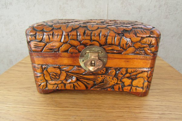 Carved Wooden Box Birds & Flowers, Asia, 1940s-RDN-2028285