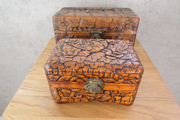 Carved Wooden Box Birds & Flowers, Asia, 1940s-RDN-2028285