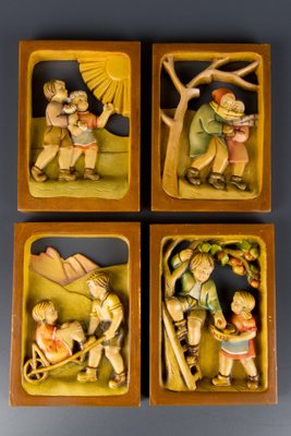 Carved Wooden Pictures Depicting the Four Seasons, Set of 4-KEG-1086462