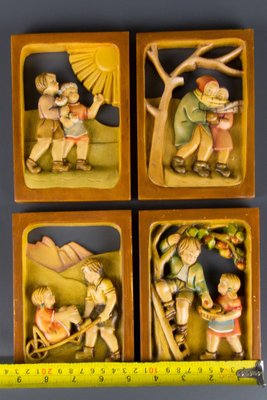 Carved Wooden Pictures Depicting the Four Seasons, Set of 4-KEG-1086462