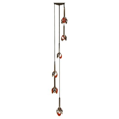 Cascade Fixture with Six Chrome and Orange Pendants in Raak Style, 1970s-VDW-1059460