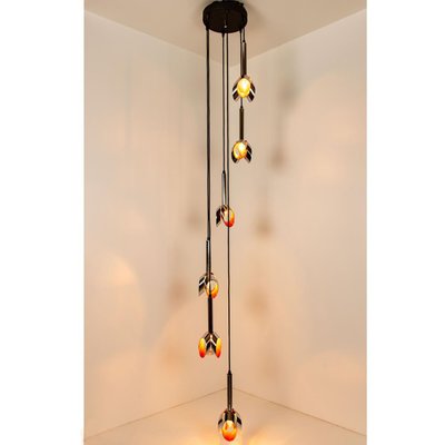 Cascade Fixture with Six Chrome and Orange Pendants in Raak Style, 1970s-VDW-1059460