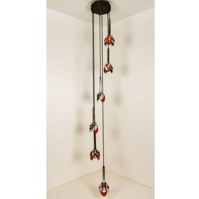 Cascade Fixture with Six Chrome and Orange Pendants in Raak Style, 1970s-VDW-1059460