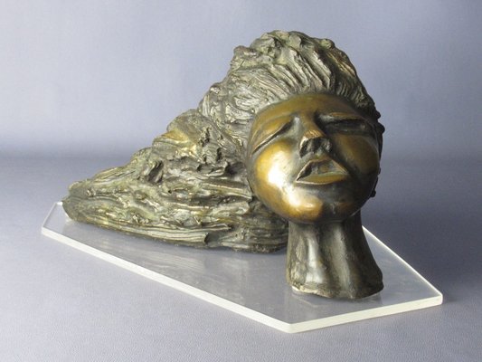 Cast Bronze Head Sculpture of a Woman with Long Hair, 20th Century-PWG-2041914