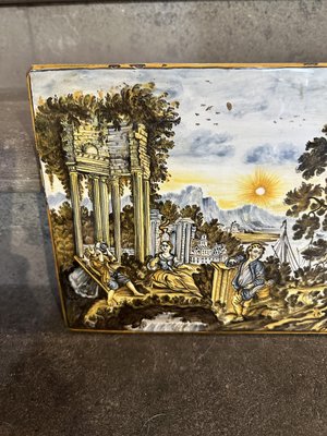 Castelli Majolica Tile Depicting a River Landscape with Architectural Ruins, Boats and Figures in the Foreground, 1970s-UAI-2028863